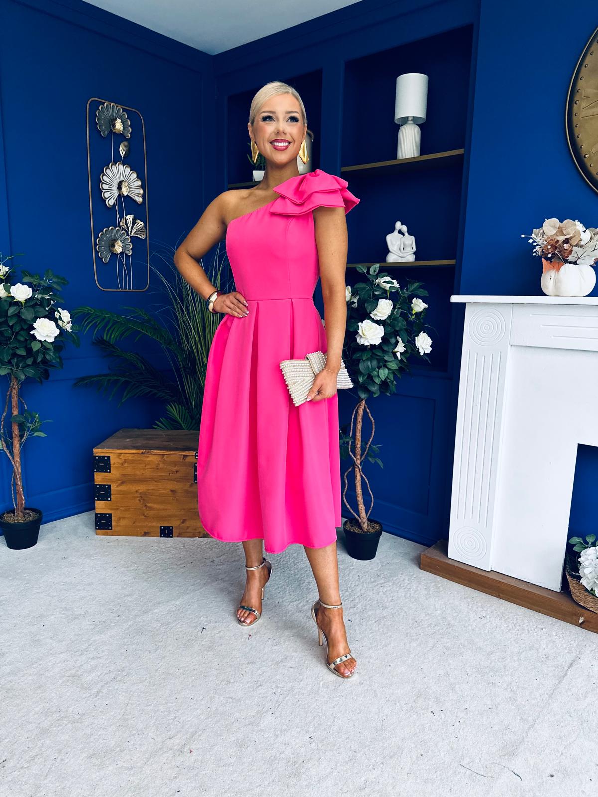 Natalie One Shoulder Bow Detail Occasion Dress Hot Pink