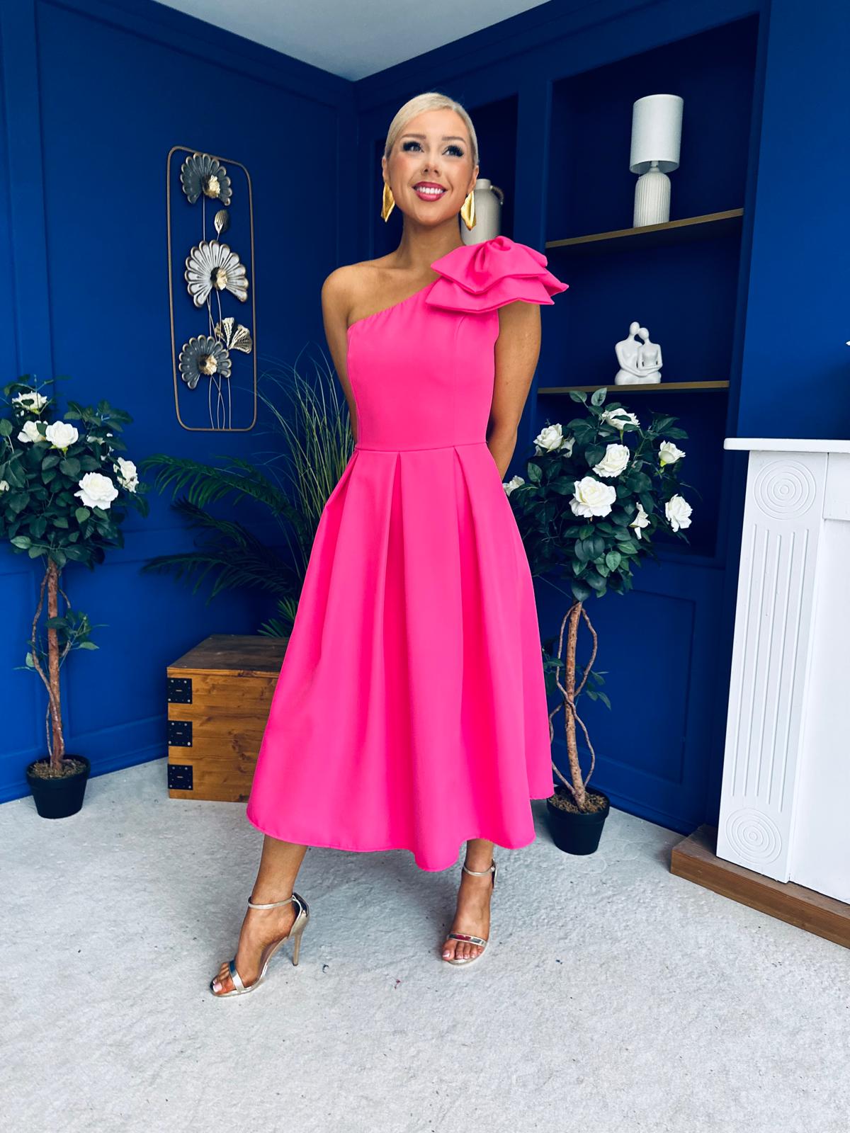 Natalie One Shoulder Bow Detail Occasion Dress Hot Pink