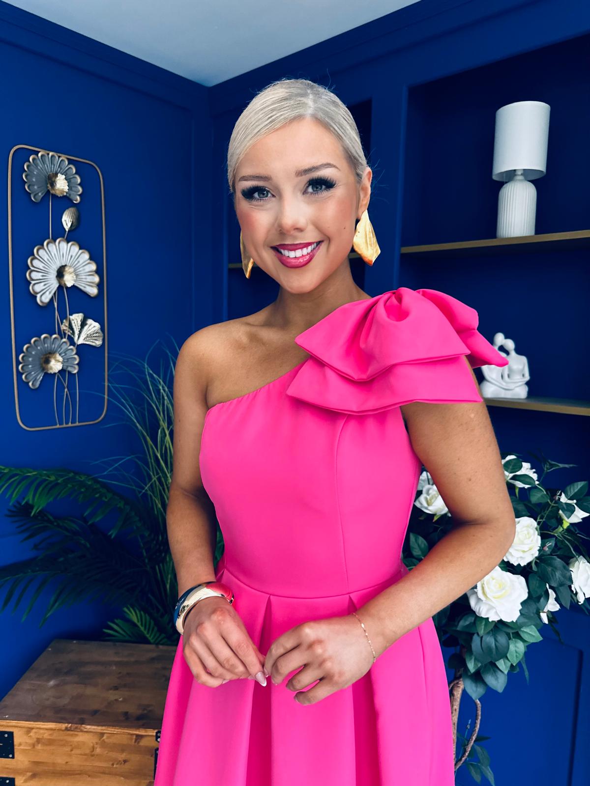 Natalie One Shoulder Bow Detail Occasion Dress Hot Pink