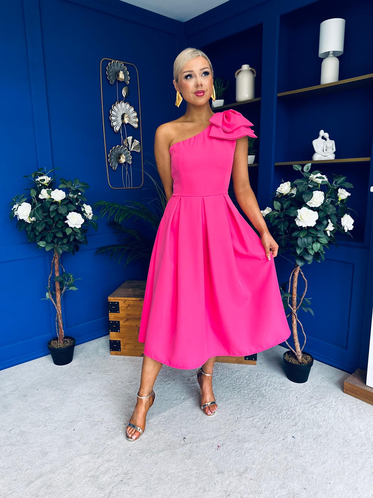 Natalie One Shoulder Bow Detail Occasion Dress Hot Pink