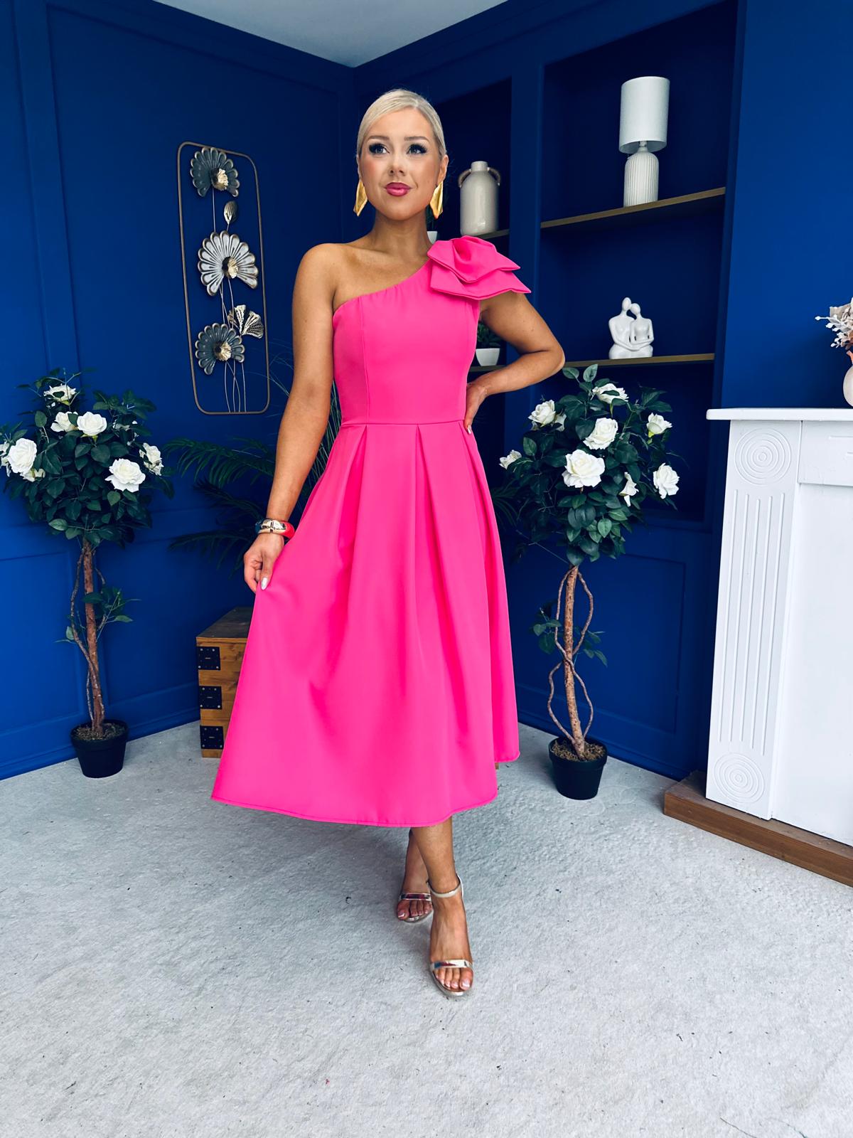 Natalie One Shoulder Bow Detail Occasion Dress Hot Pink