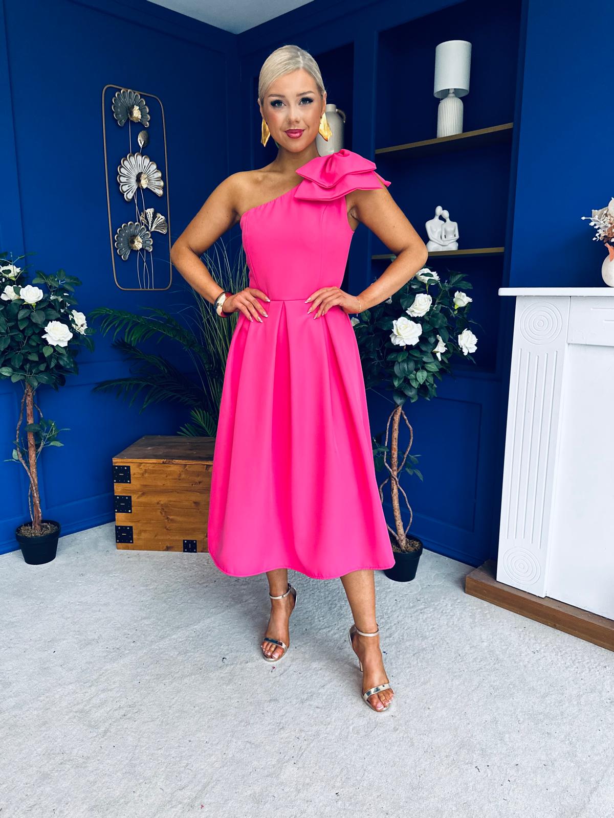 Natalie One Shoulder Bow Detail Occasion Dress Hot Pink