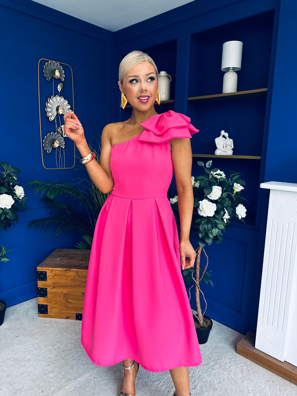 Natalie One Shoulder Bow Detail Occasion Dress Hot Pink