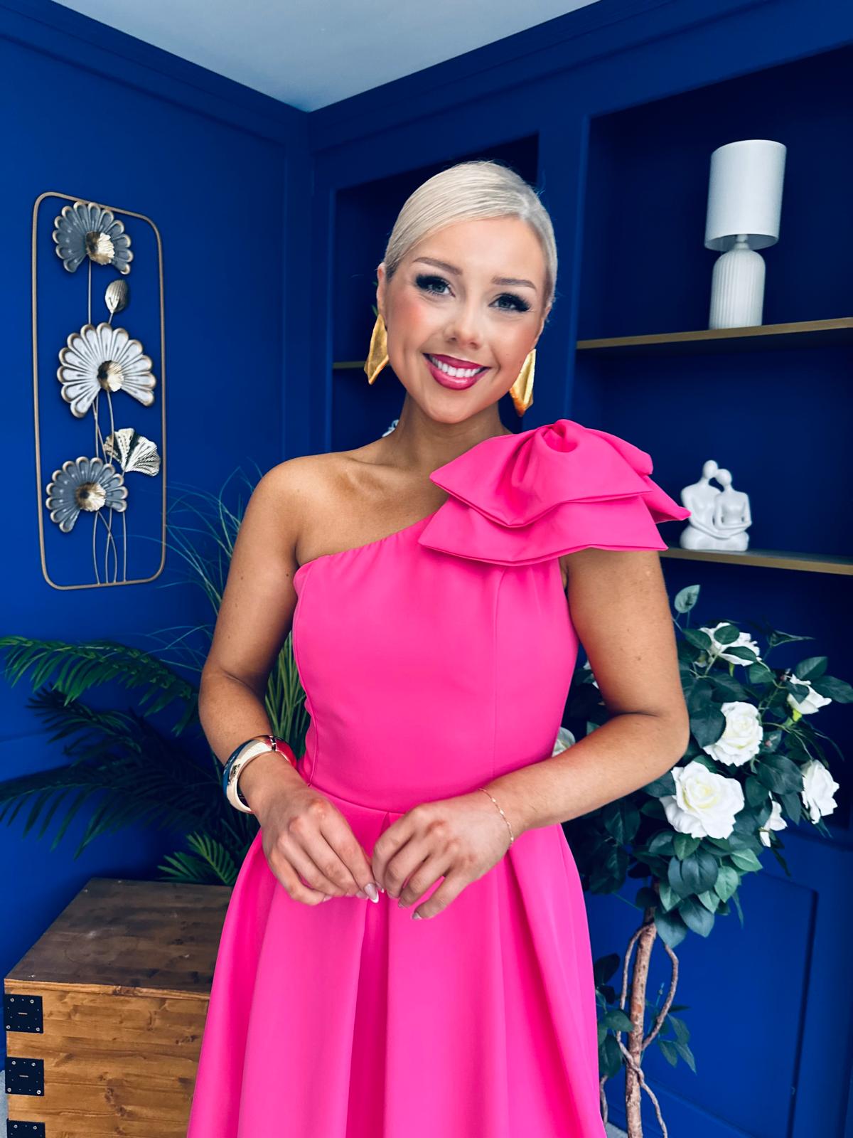 Natalie One Shoulder Bow Detail Occasion Dress Hot Pink