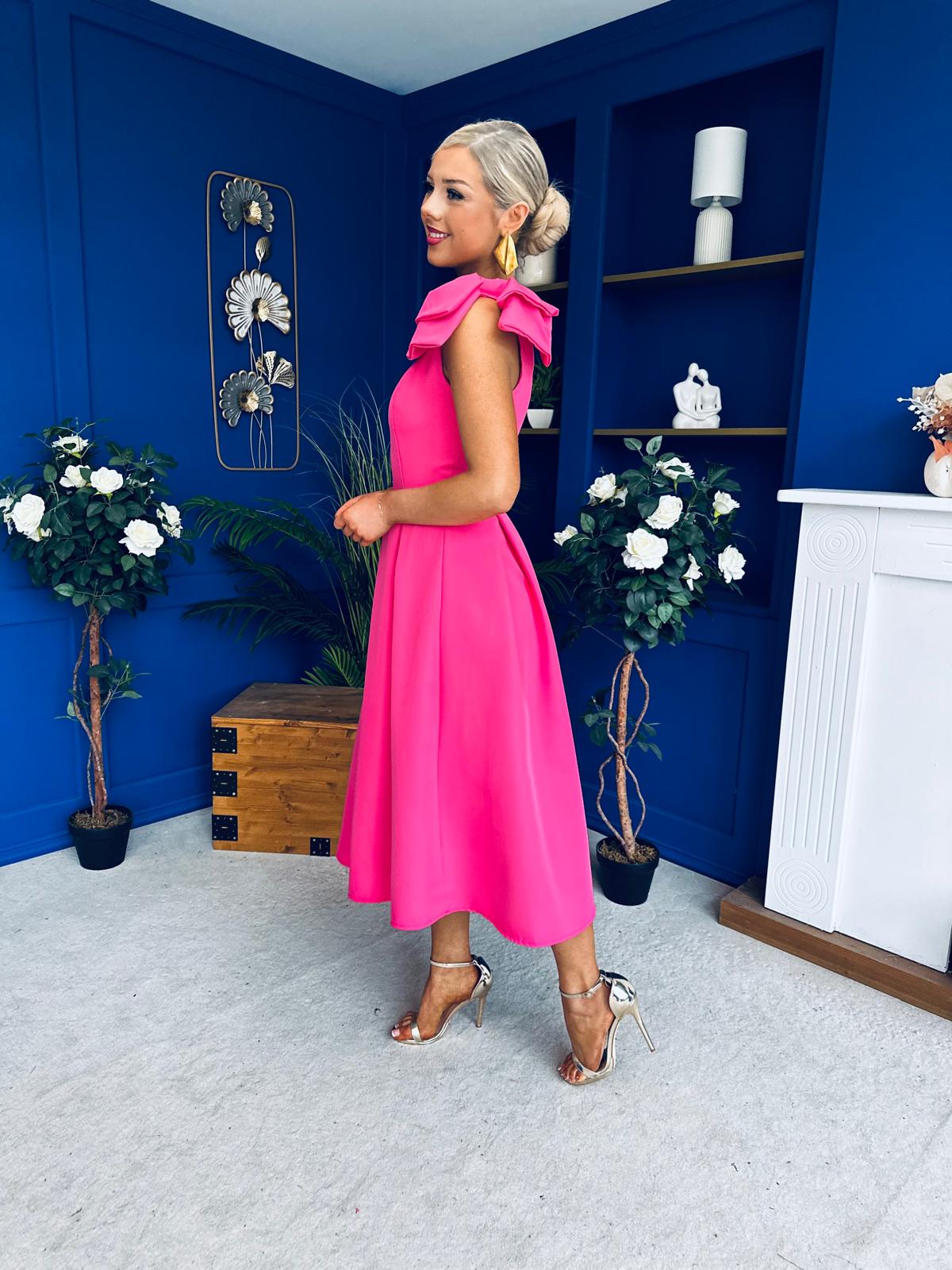 Natalie One Shoulder Bow Detail Occasion Dress Hot Pink