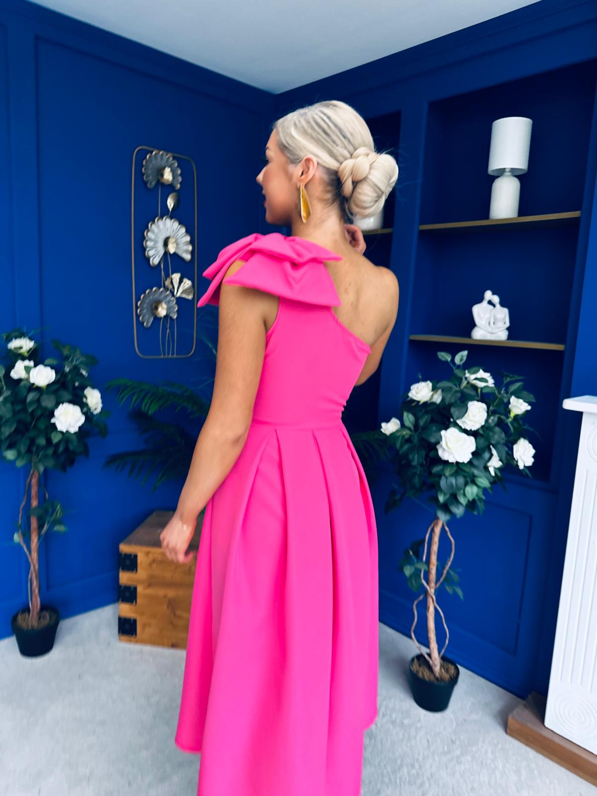 Natalie One Shoulder Bow Detail Occasion Dress Hot Pink