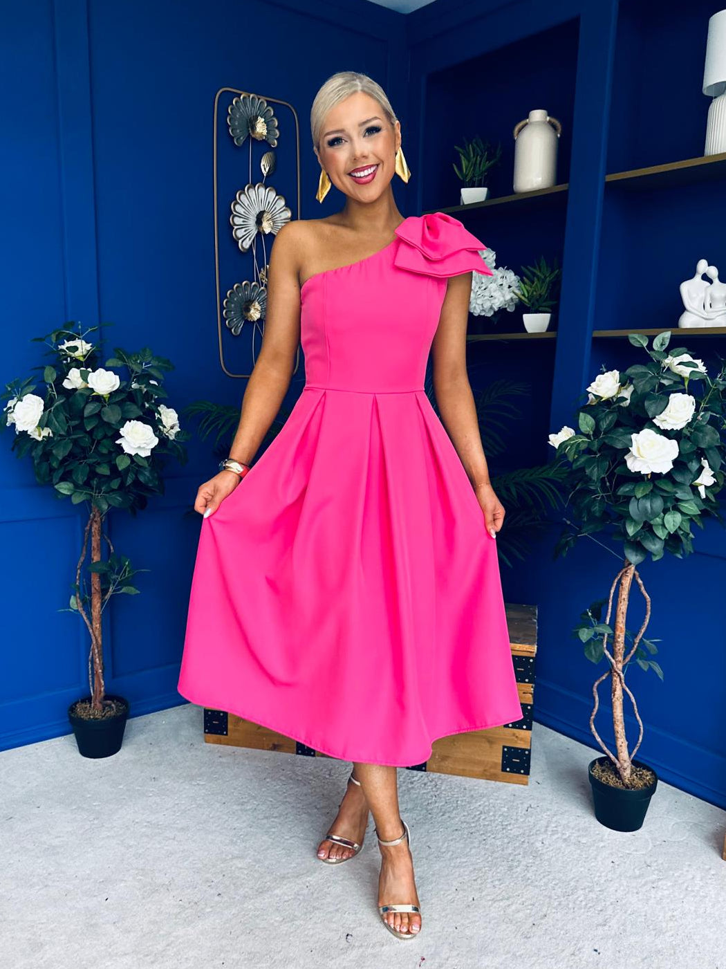 Natalie One Shoulder Bow Detail Occasion Dress Hot Pink