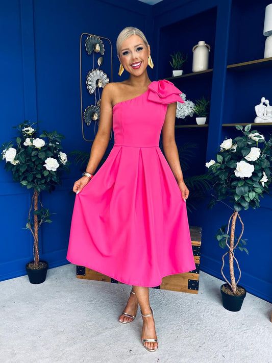 Natalie One Shoulder Bow Detail Occasion Dress Hot Pink