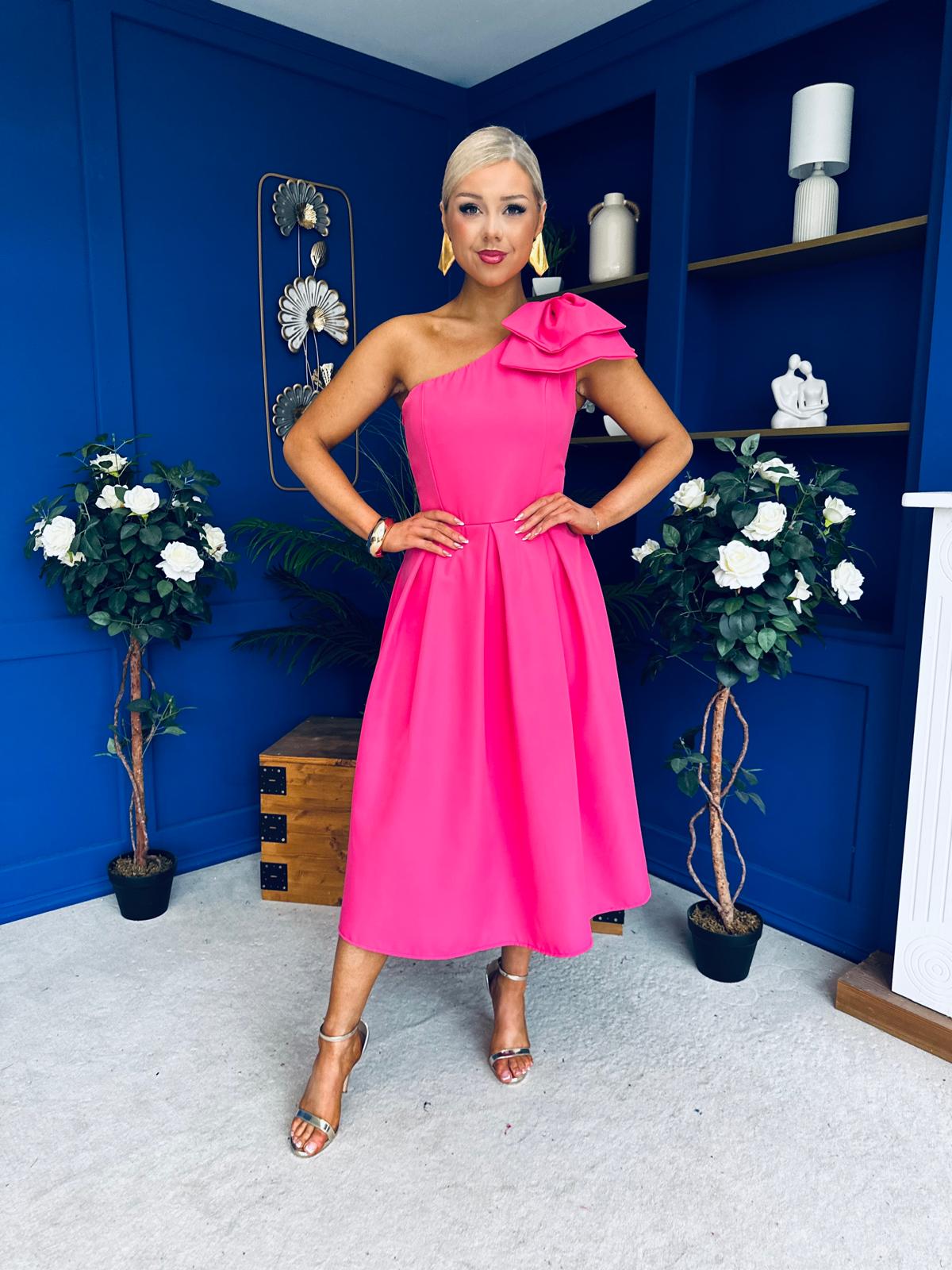 Natalie One Shoulder Bow Detail Occasion Dress Hot Pink