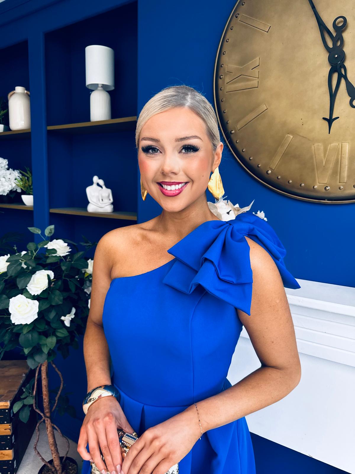 Natalie One Shoulder Bow Detail Occasion Dress Cobalt