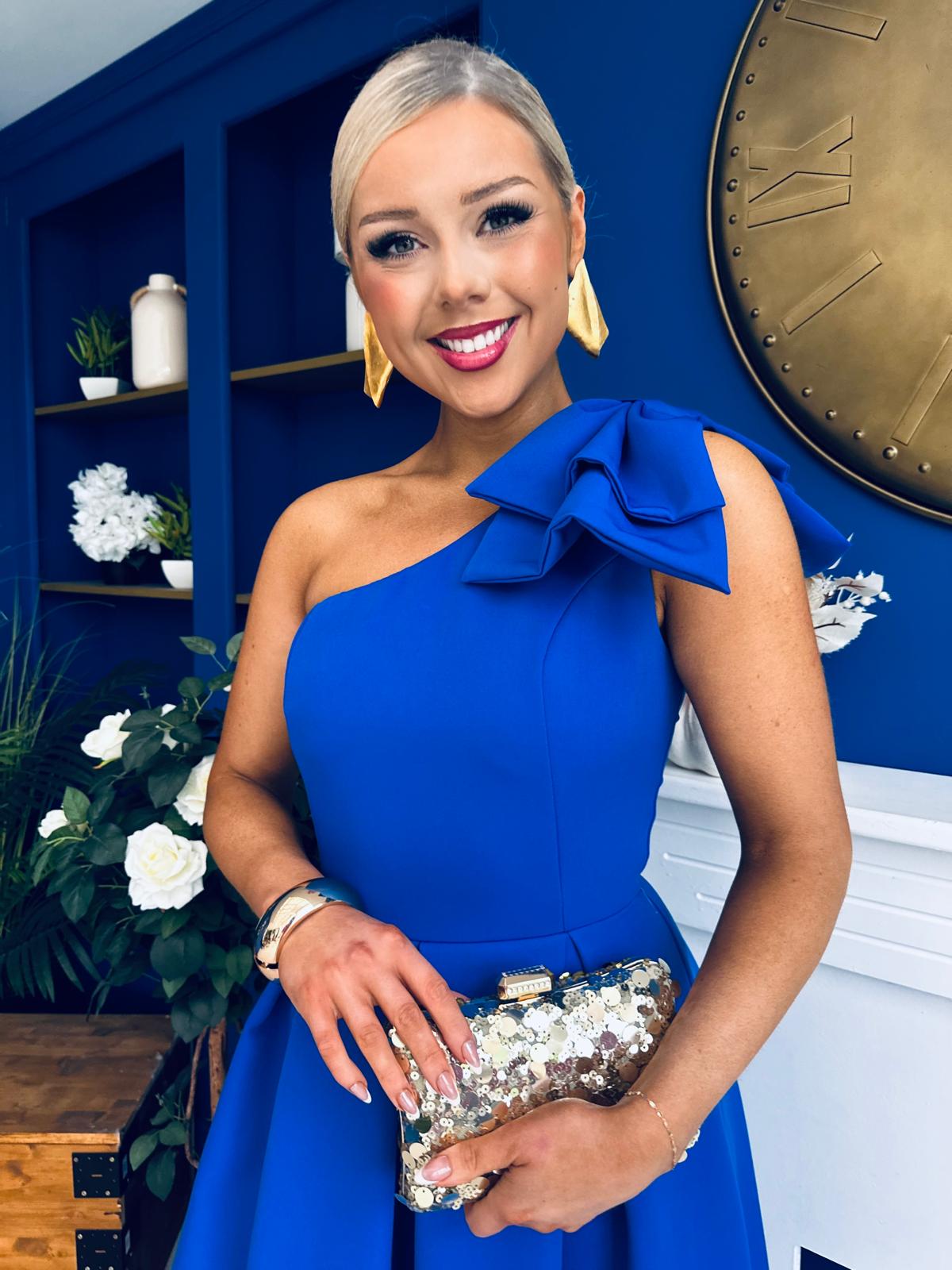 Natalie One Shoulder Bow Detail Occasion Dress Cobalt