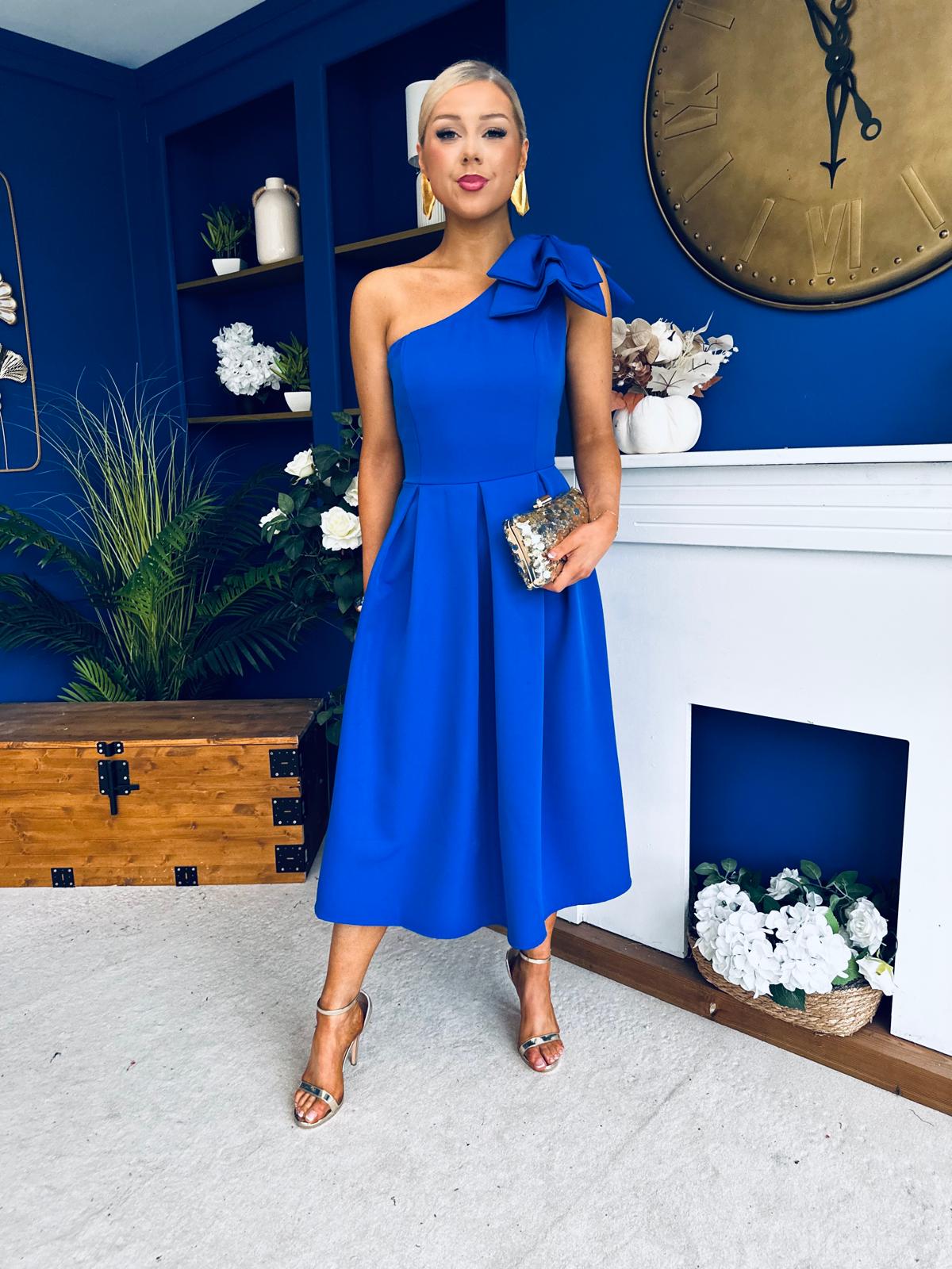 Natalie One Shoulder Bow Detail Occasion Dress Cobalt