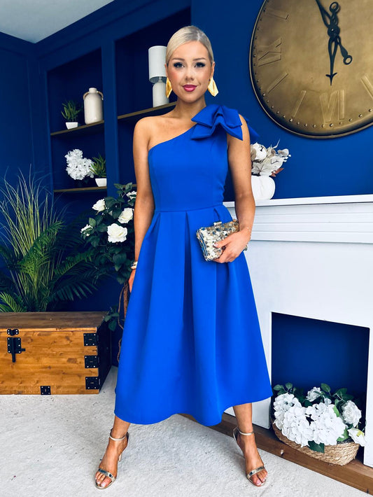 Natalie One Shoulder Bow Detail Occasion Dress Cobalt
