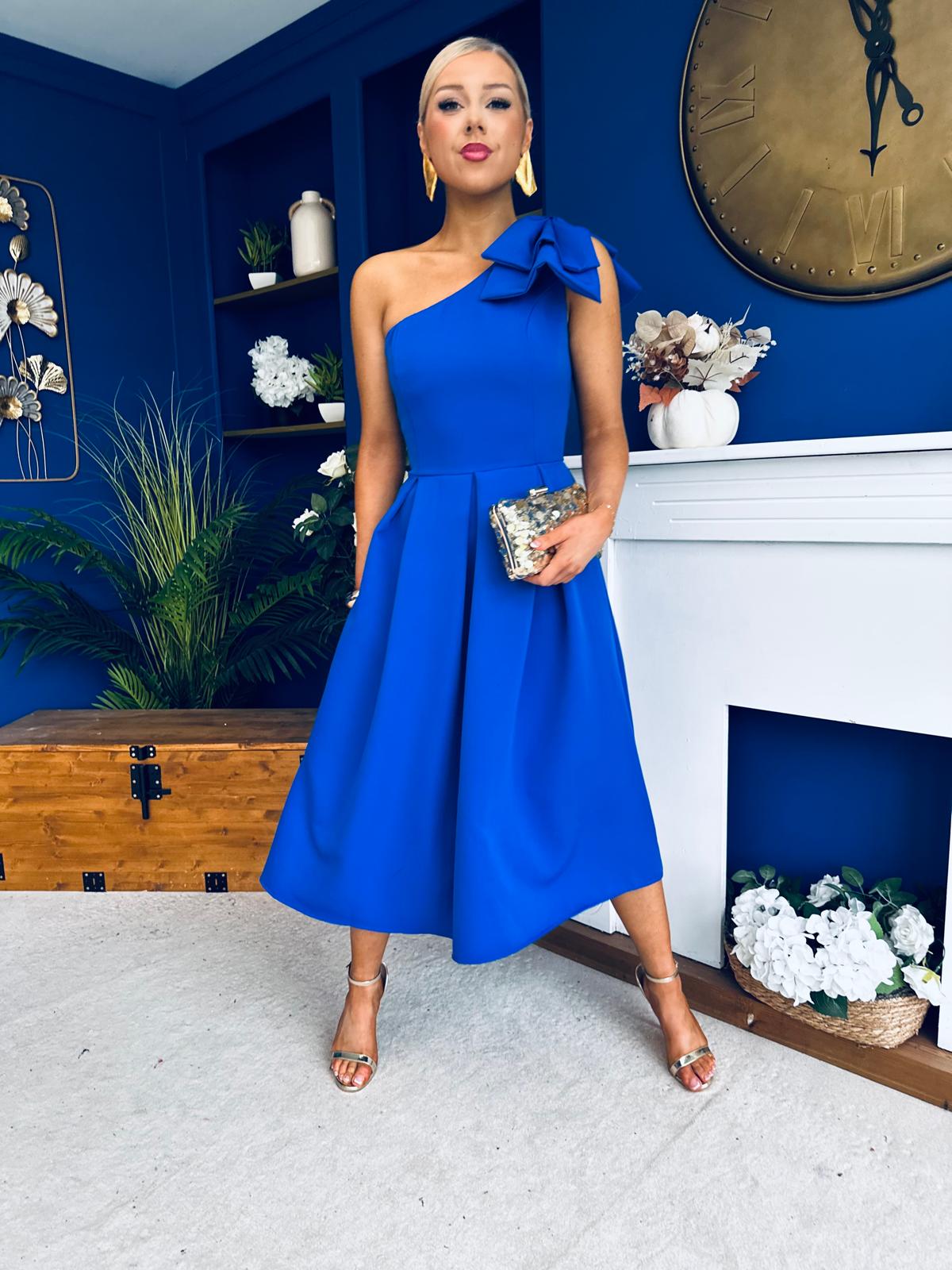 Natalie One Shoulder Bow Detail Occasion Dress Cobalt