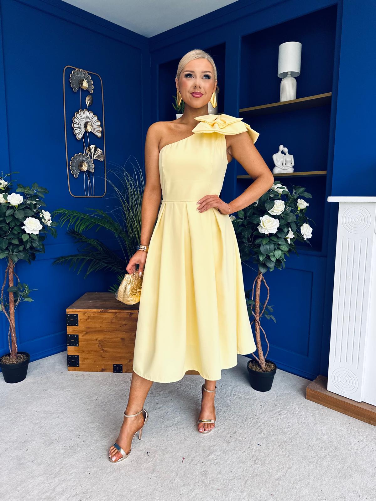 Natalie One Shoulder Bow Detail Occasion Dress Yellow