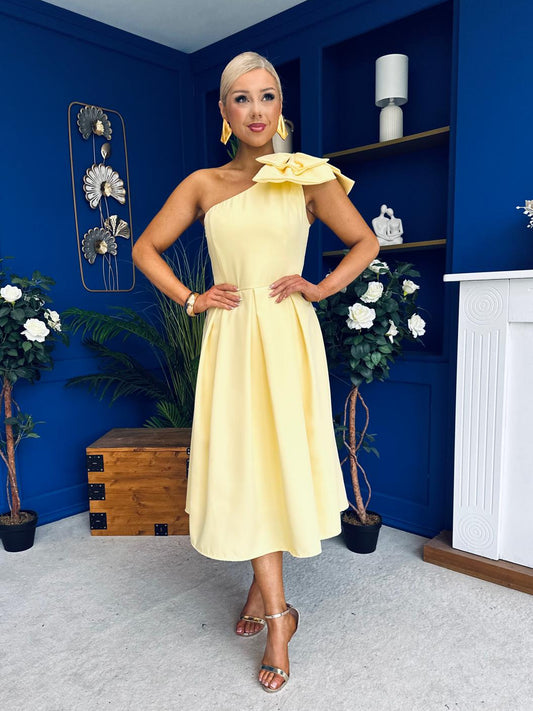 Natalie One Shoulder Bow Detail Occasion Dress Yellow