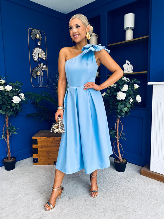 Natalie One Shoulder Bow Detail Occasion Dress Pwr Blue