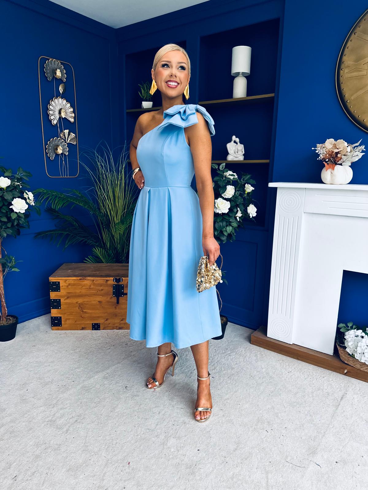 Natalie One Shoulder Bow Detail Occasion Dress Pwr Blue