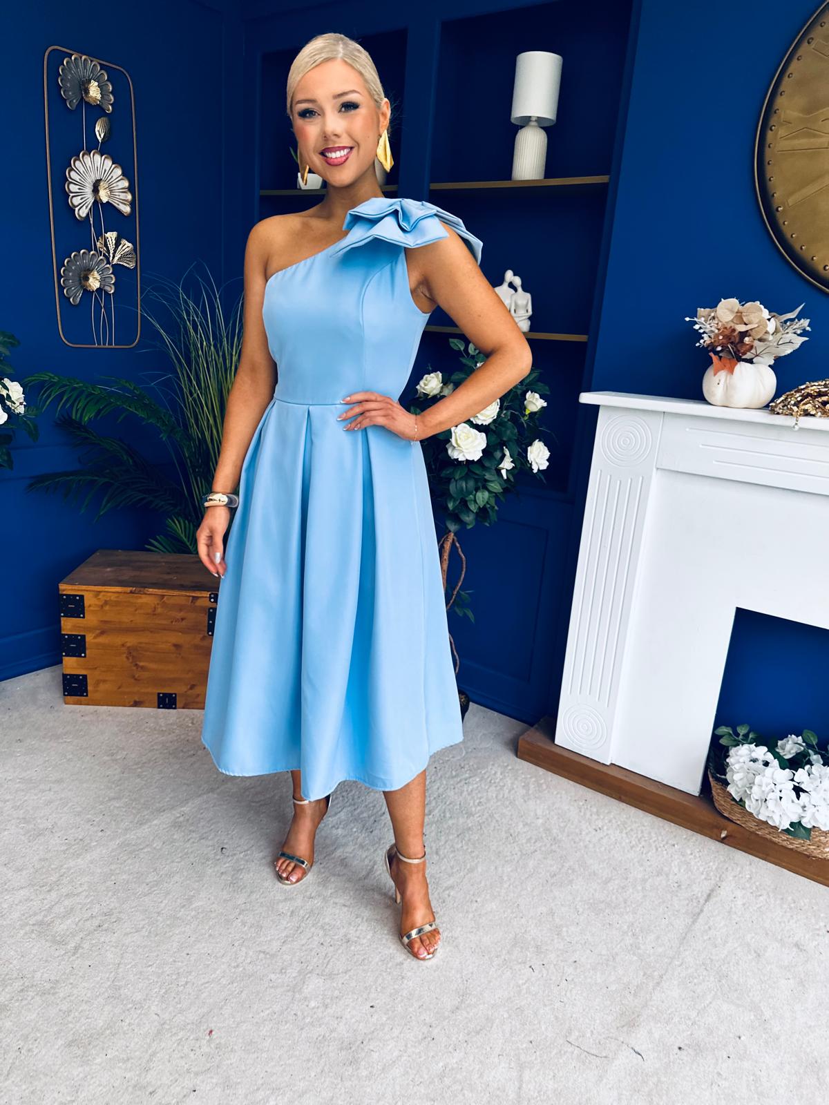 Natalie One Shoulder Bow Detail Occasion Dress Pwr Blue