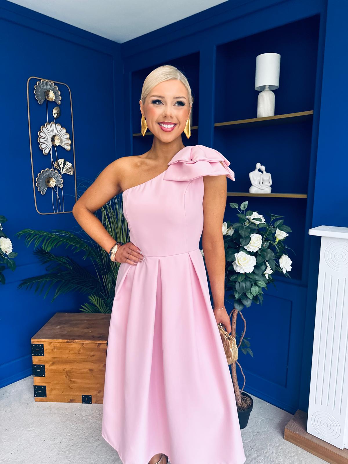 Natalie One Shoulder Bow Detail Occasion Dress Pwr Pink