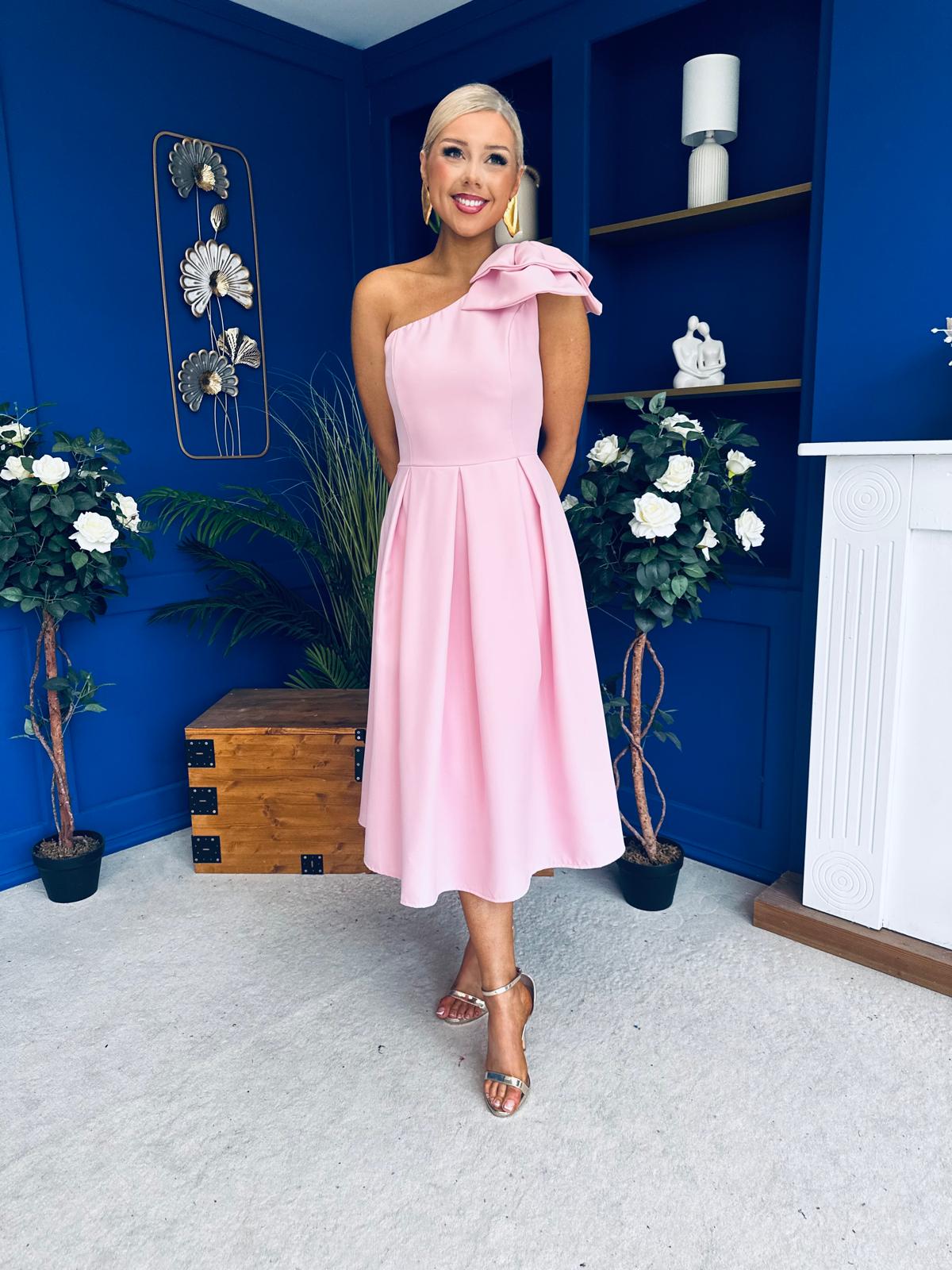 Natalie One Shoulder Bow Detail Occasion Dress Pwr Pink