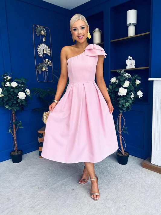 Natalie One Shoulder Bow Detail Occasion Dress Pwr Pink