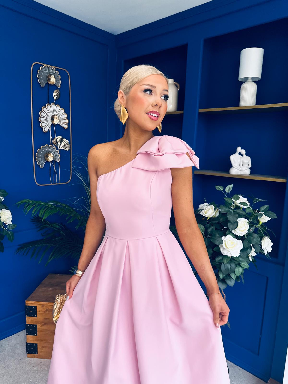 Natalie One Shoulder Bow Detail Occasion Dress Pwr Pink