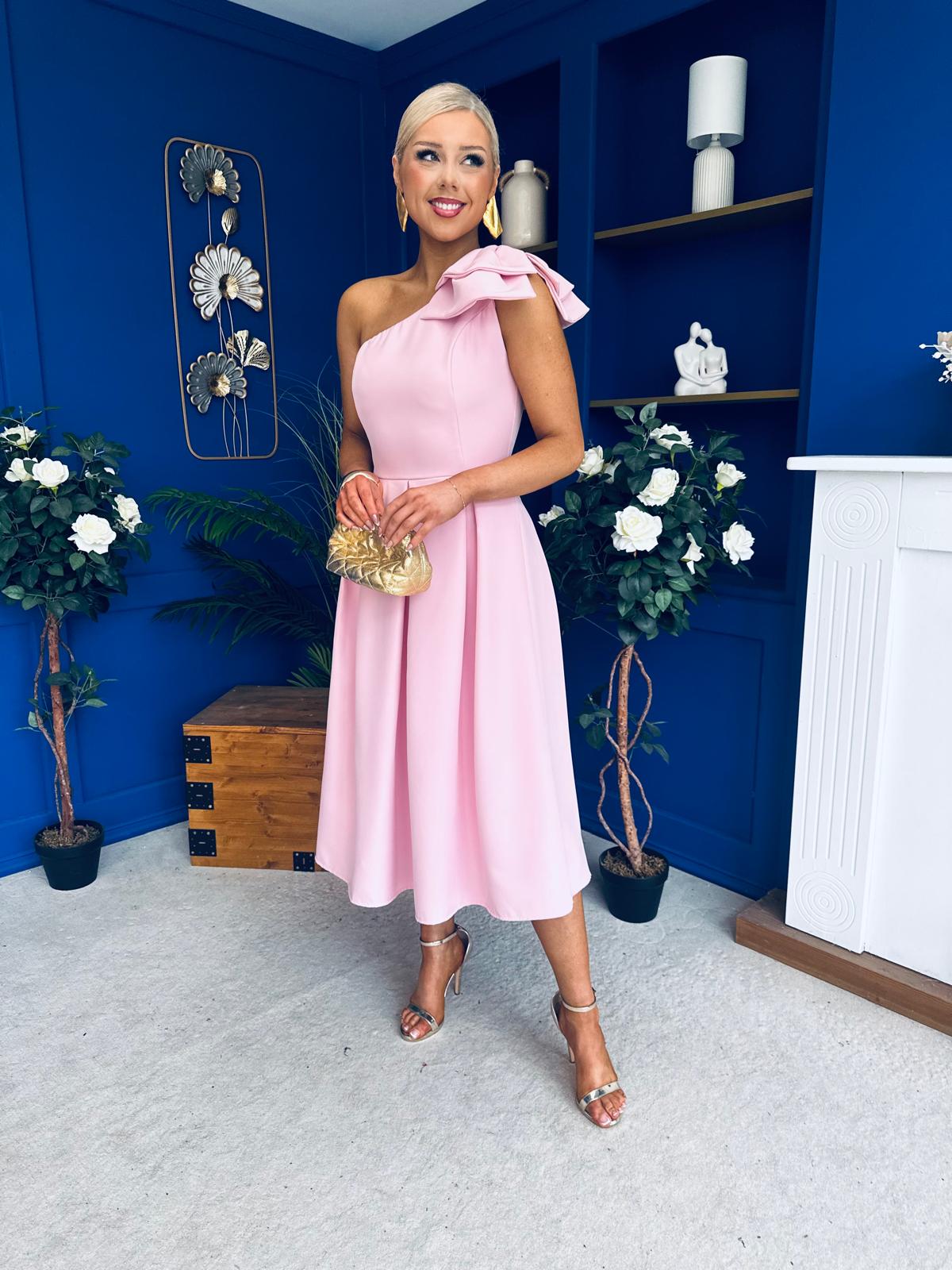 Natalie One Shoulder Bow Detail Occasion Dress Pwr Pink