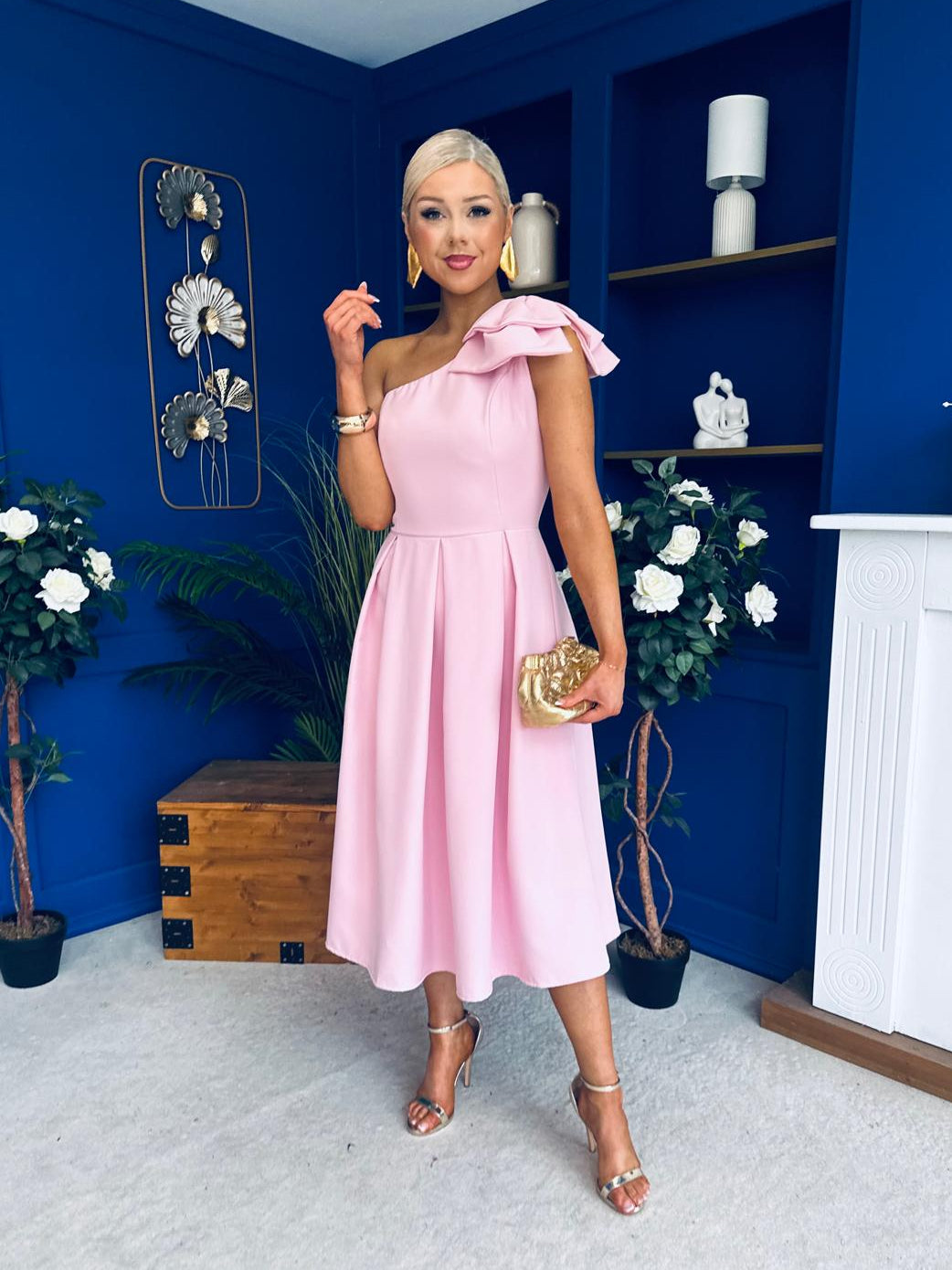 Natalie One Shoulder Bow Detail Occasion Dress Pwr Pink
