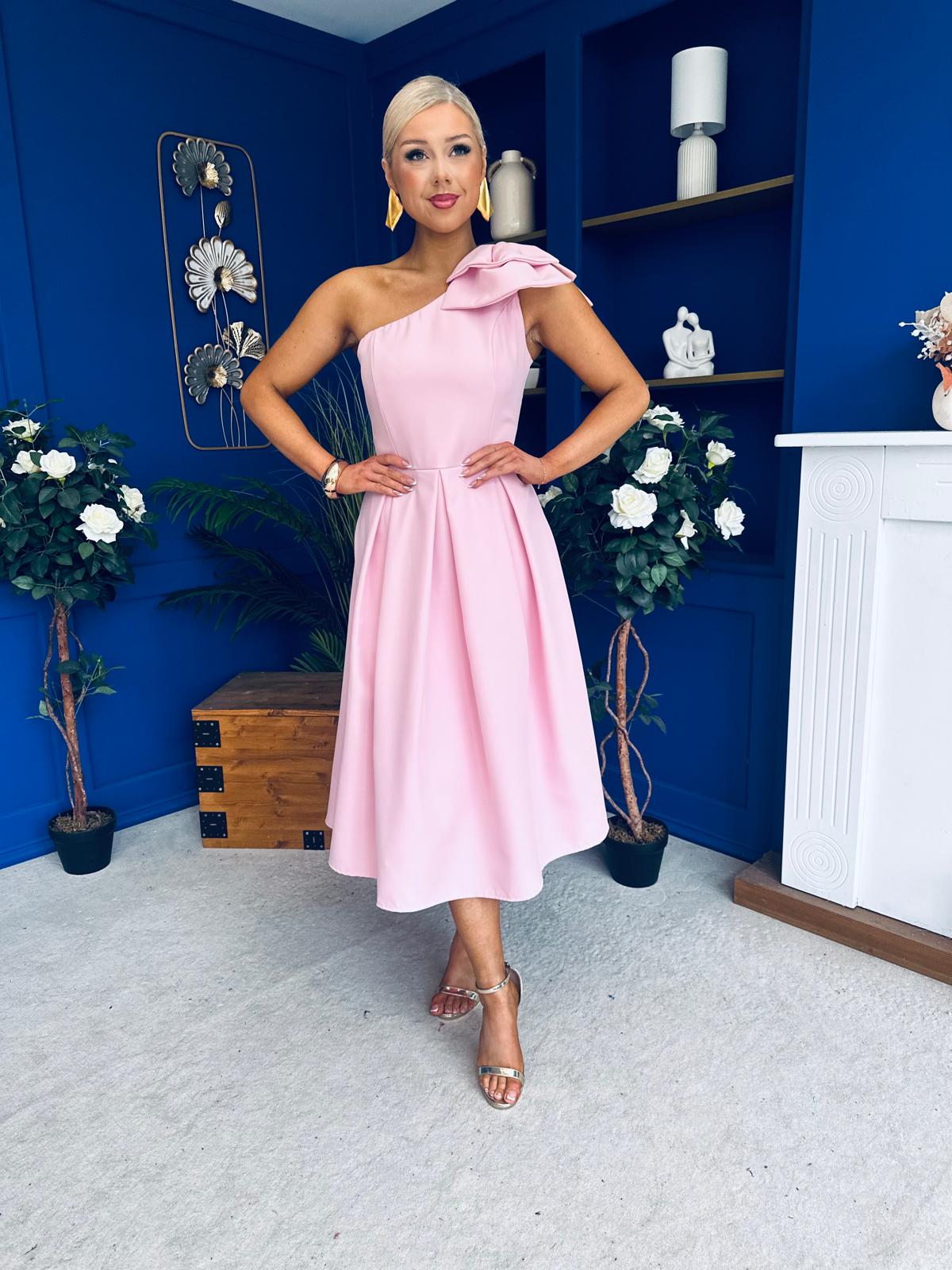 Natalie One Shoulder Bow Detail Occasion Dress Pwr Pink