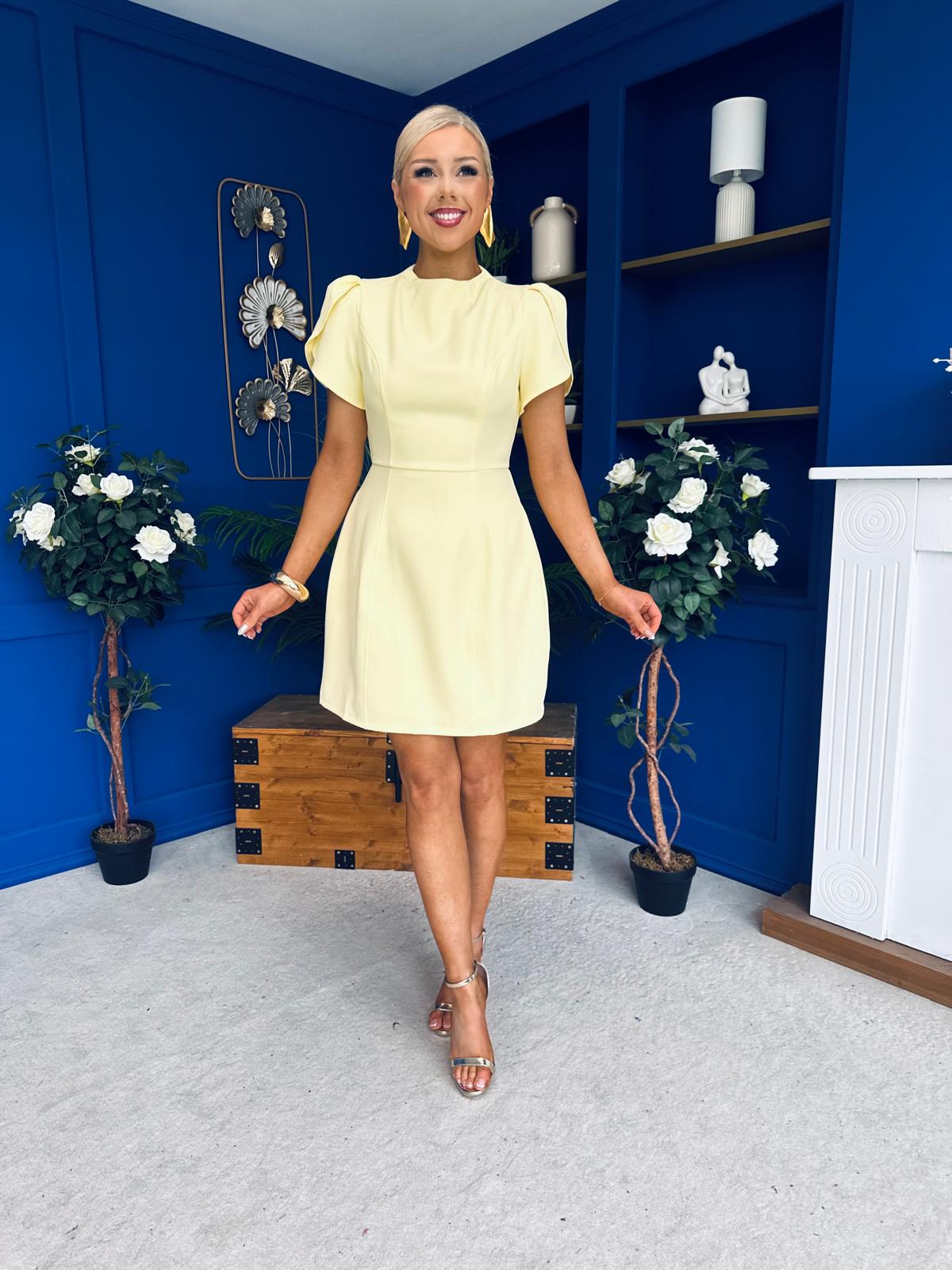 Ami Tulip Sleeve High Neck Mini Dress Yellow