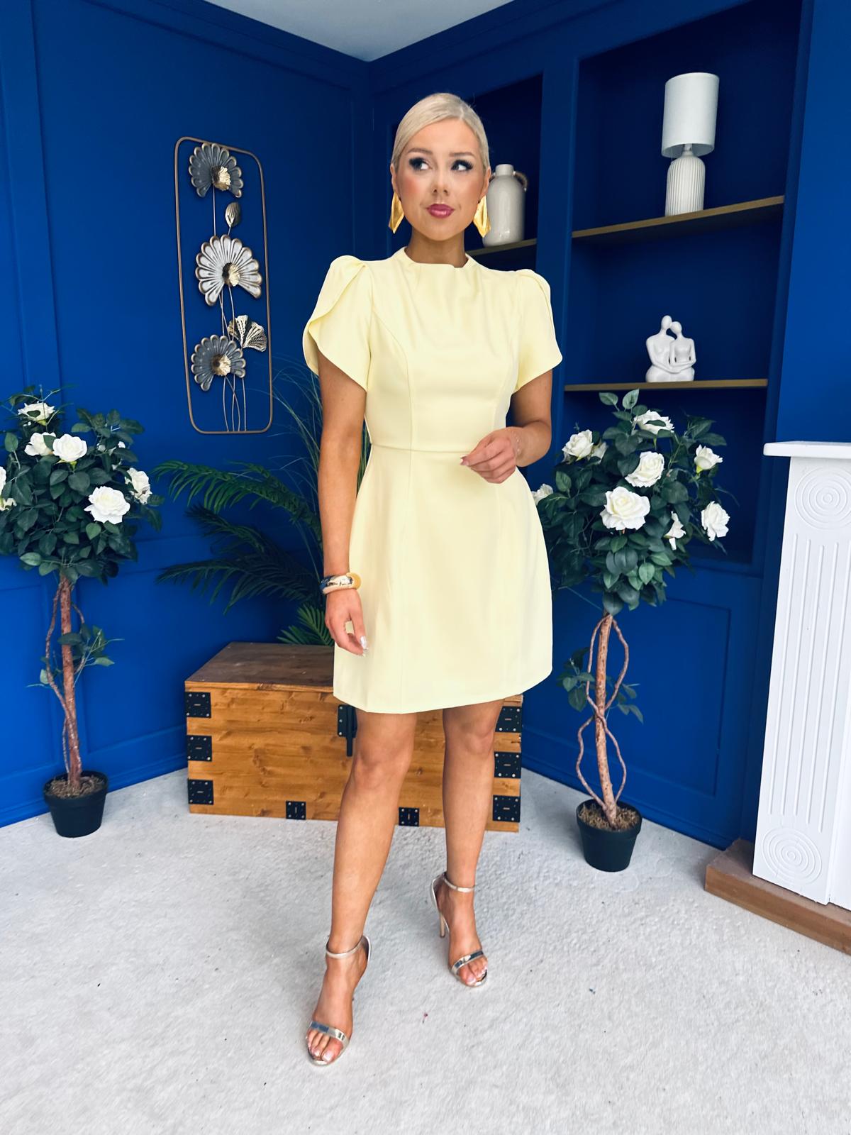 Ami Tulip Sleeve High Neck Mini Dress Yellow