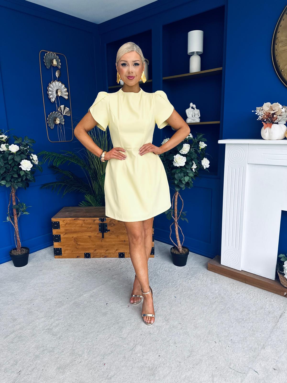Ami Tulip Sleeve High Neck Mini Dress Yellow