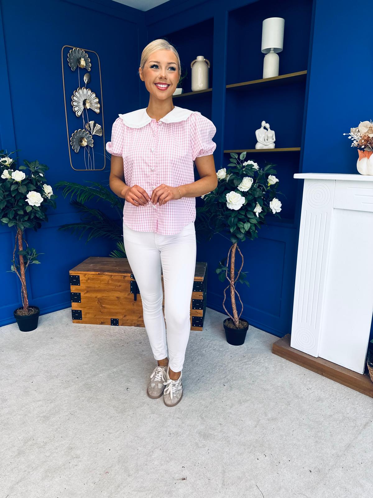 Mel Collar Detail Check Blouse Pink