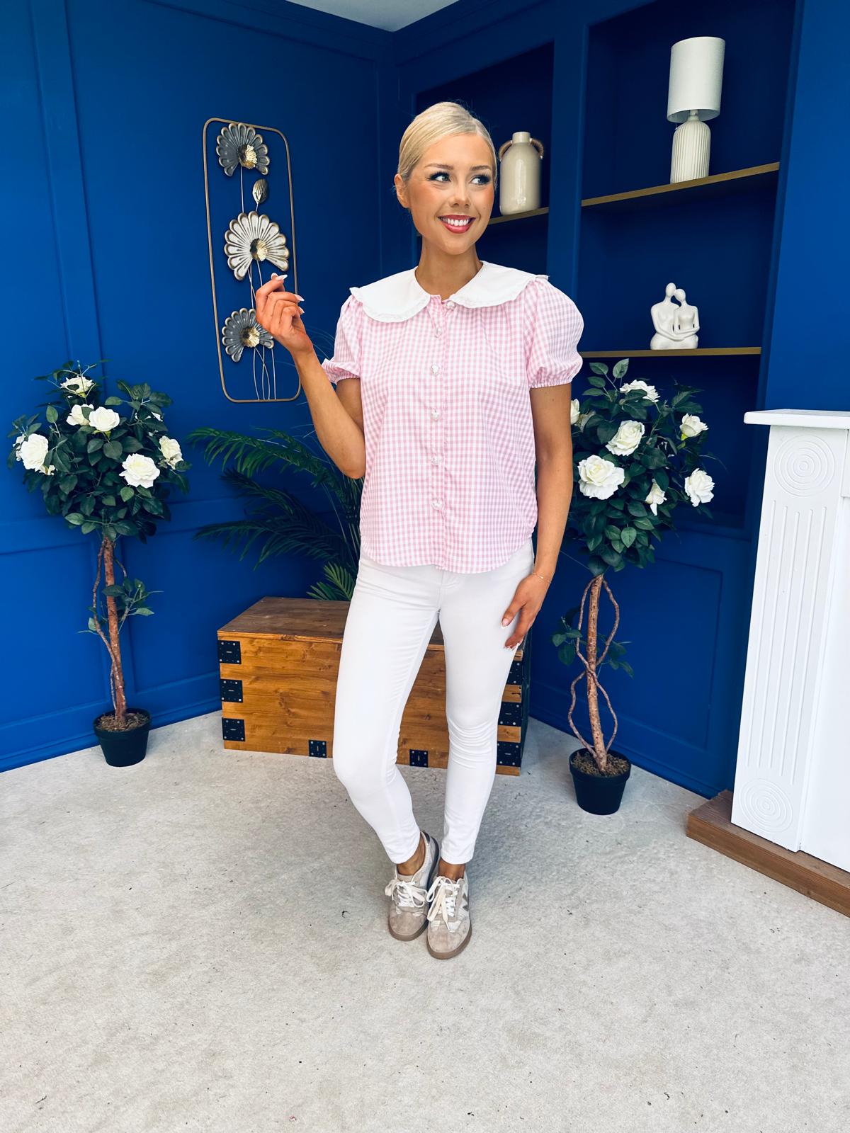 Mel Collar Detail Check Blouse Pink