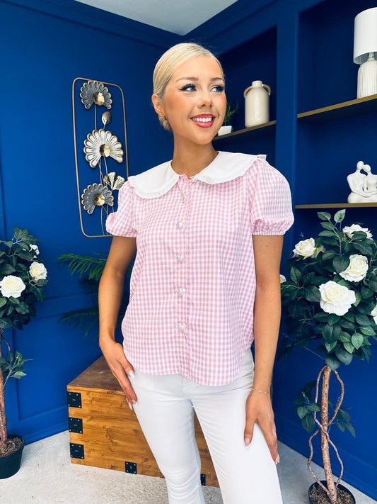 Mel Collar Detail Check Blouse Pink
