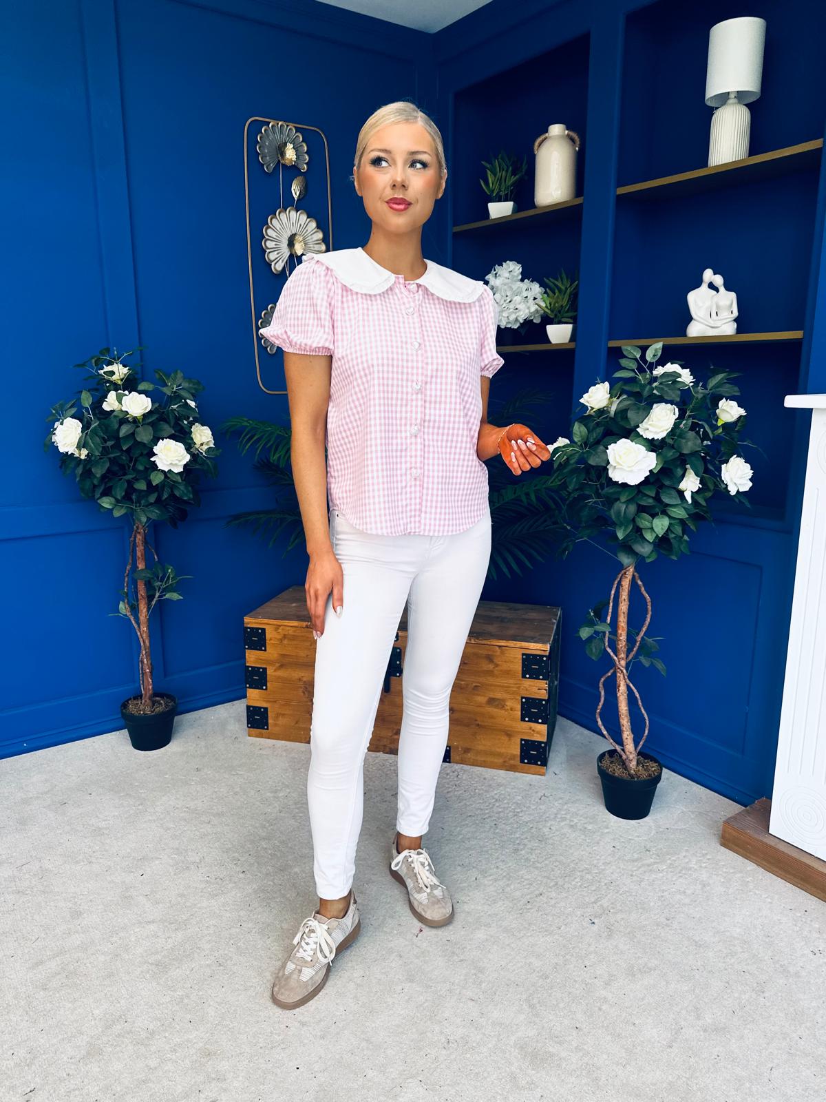 Mel Collar Detail Check Blouse Pink