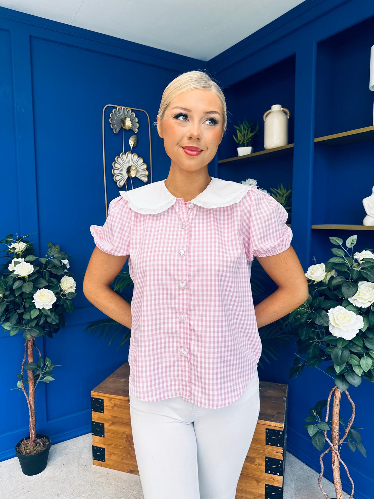 Mel Collar Detail Check Blouse Pink