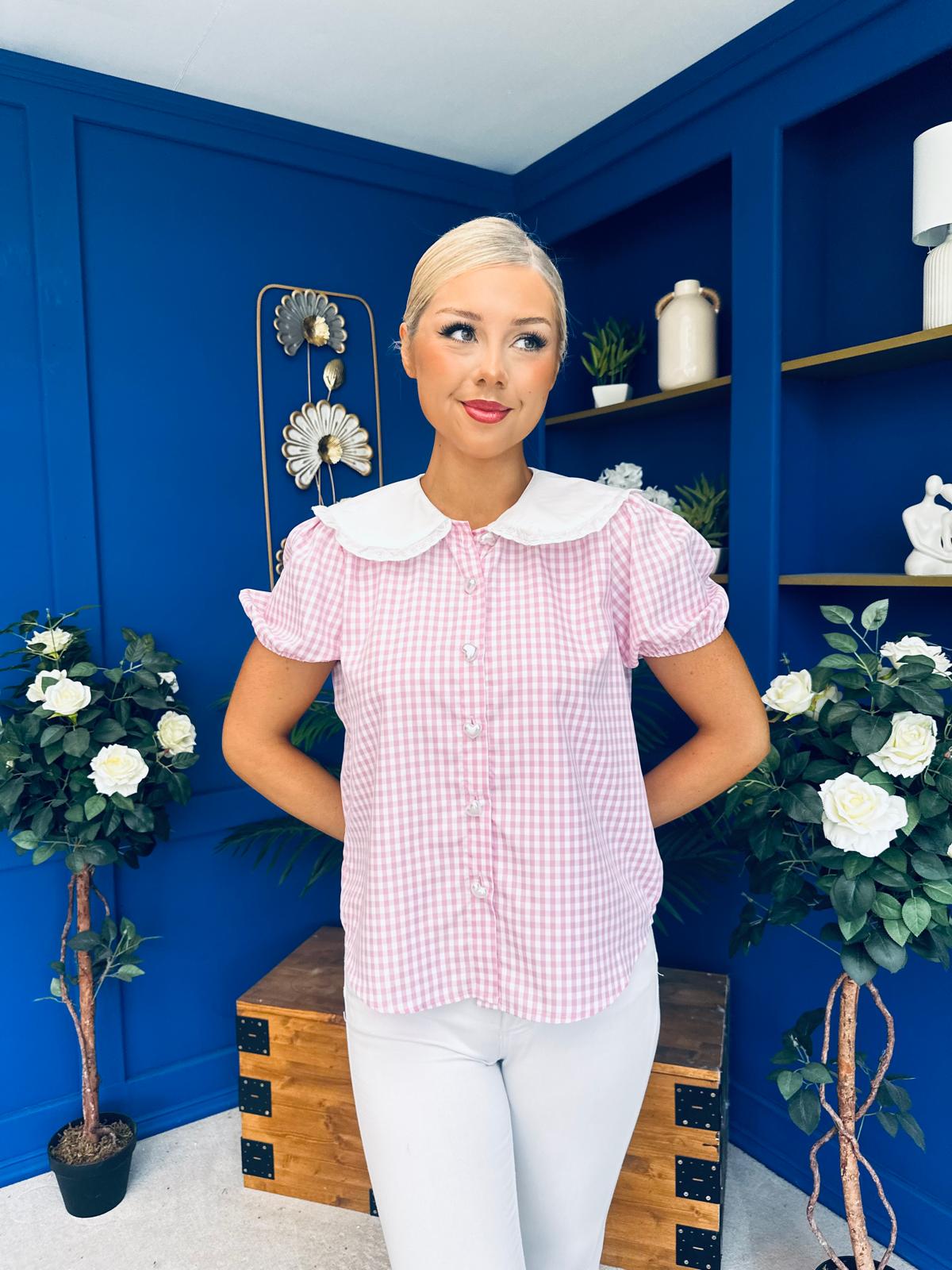 Mel Collar Detail Check Blouse Pink