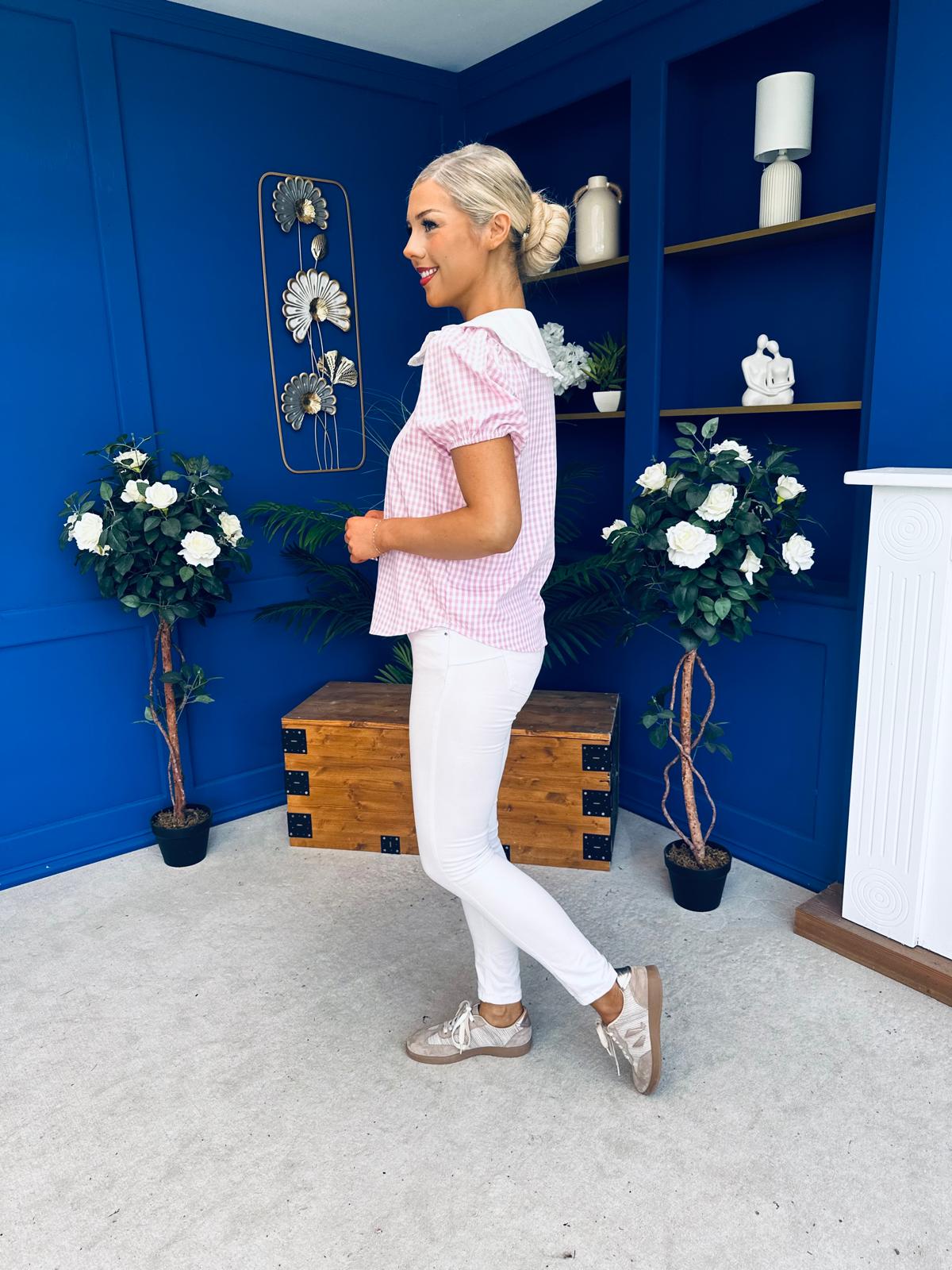 Mel Collar Detail Check Blouse Pink