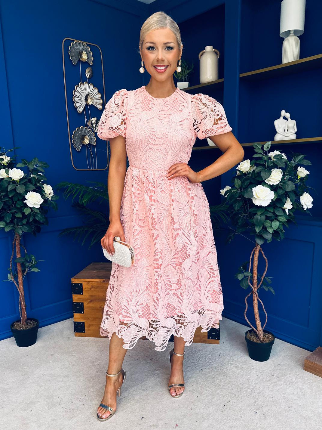 Marguerite Round Neck Puff Sleeve Midi Dress Pink Lace
