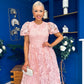 Marguerite Round Neck Puff Sleeve Midi Dress Pink Lace