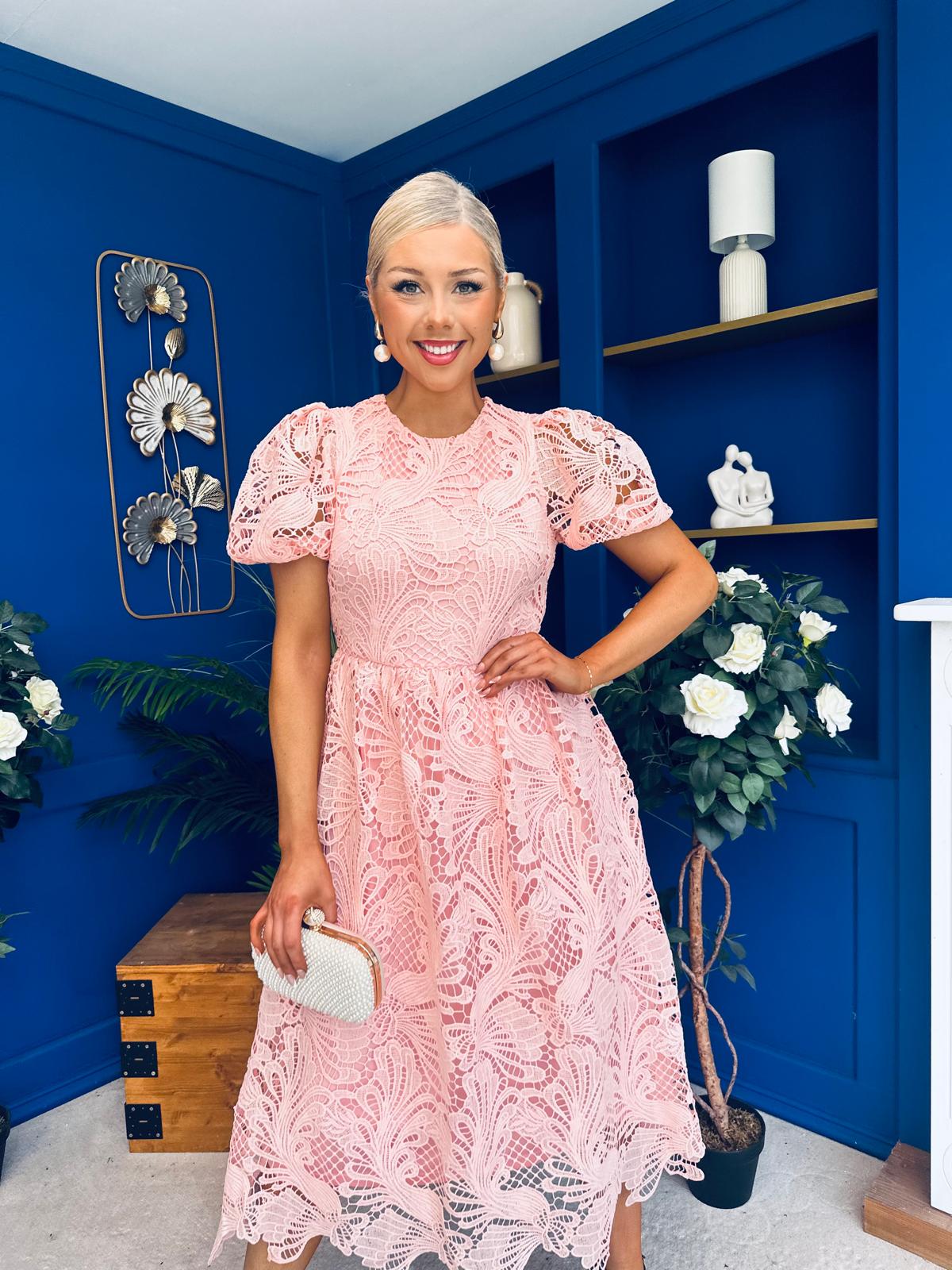 Marguerite Round Neck Puff Sleeve Midi Dress Pink Lace