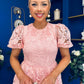 Marguerite Round Neck Puff Sleeve Midi Dress Pink Lace