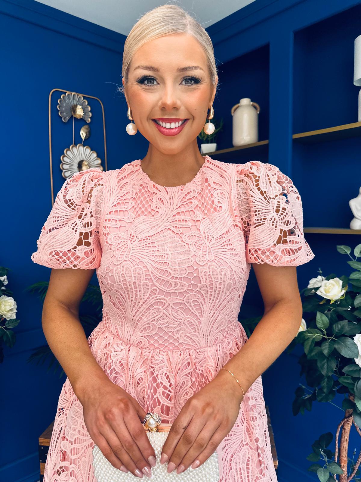 Marguerite Round Neck Puff Sleeve Midi Dress Pink Lace