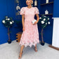 Marguerite Round Neck Puff Sleeve Midi Dress Pink Lace