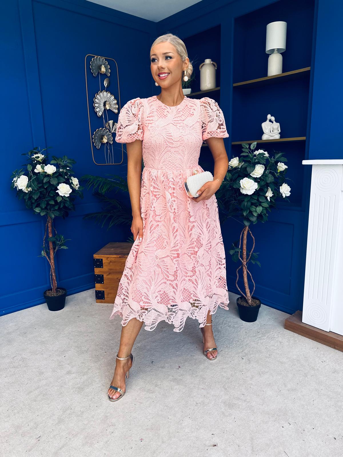 Marguerite Round Neck Puff Sleeve Midi Dress Pink Lace