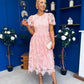 Marguerite Round Neck Puff Sleeve Midi Dress Pink Lace