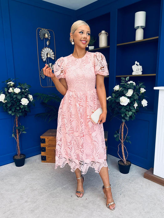 Marguerite Round Neck Puff Sleeve Midi Dress Pink Lace