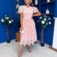 Marguerite Round Neck Puff Sleeve Midi Dress Pink Lace